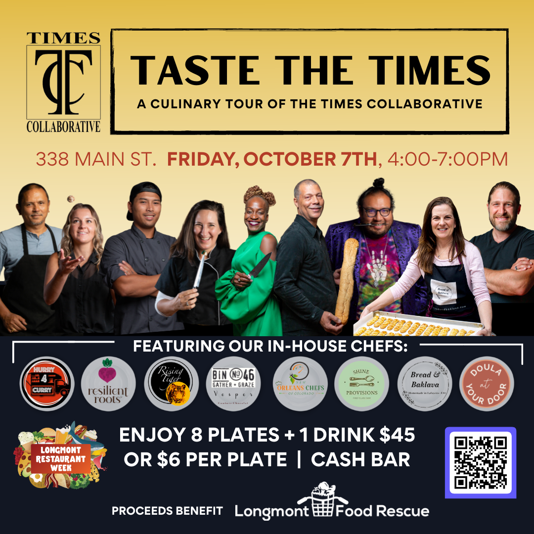 Flyer for Taste the Times event in Longmont, CO.